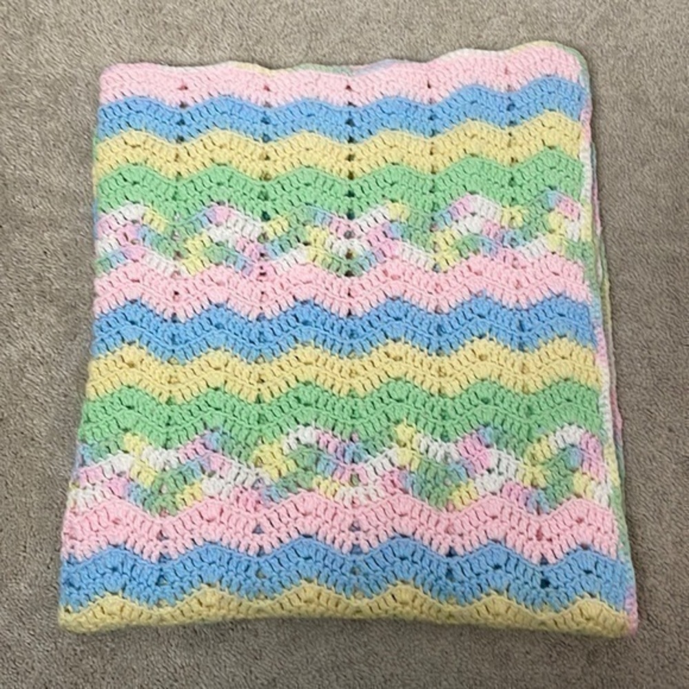 Hand Crocheted Baby Blanket in Pastel Colors and Scalloped Edges, 44” x 38”